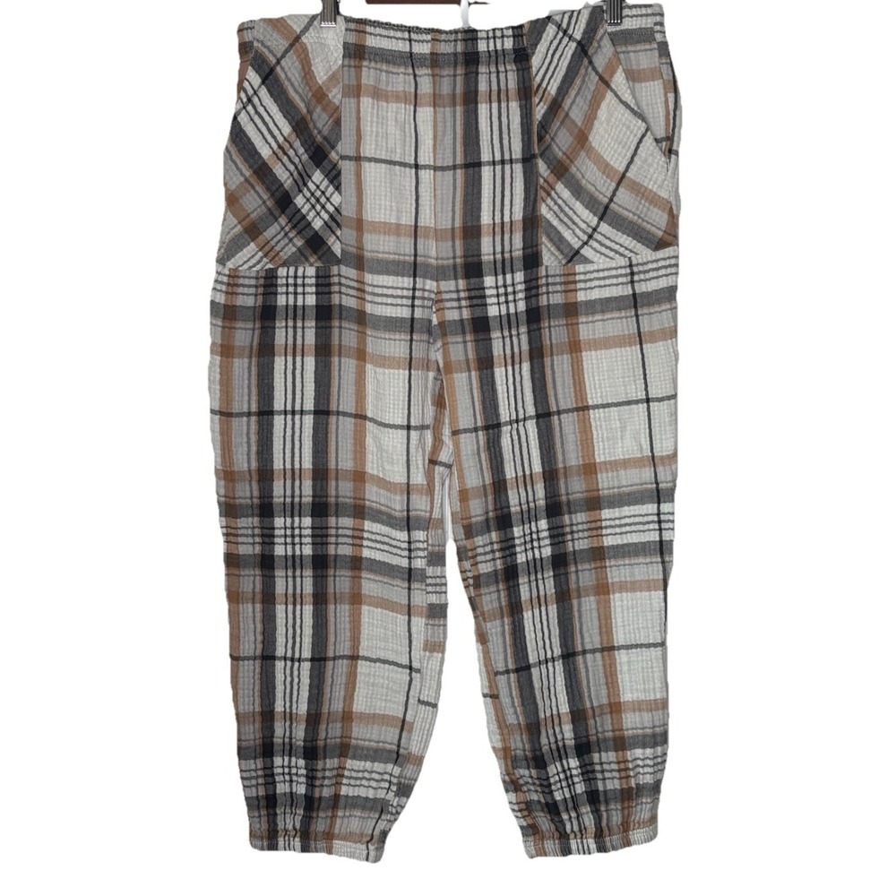 Aerie Soft Cotton Gauze Flannel Jogger XL Pants Tan Brown Plaid Gingham Lined